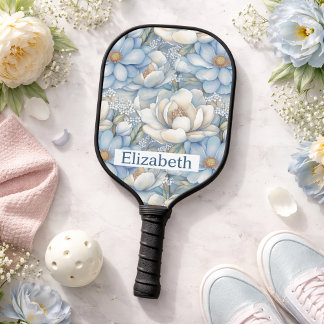 Pretty Blue Magnolia and Peony Personalised Pickleball Paddle
