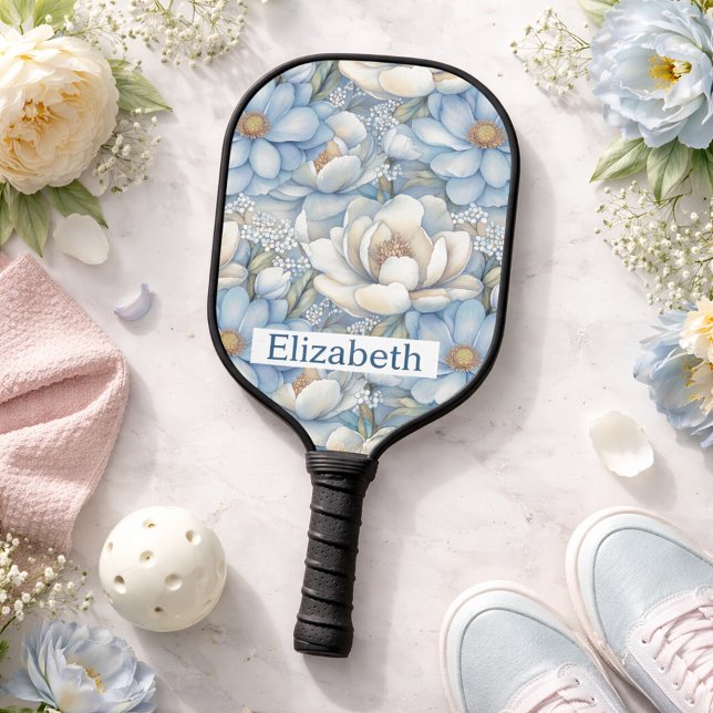 Pretty Blue Magnolia and Peony Personalised Pickleball Paddle (Creator Uploaded)