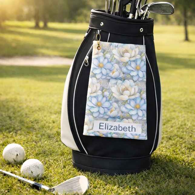 Pretty Blue Magnolia and Peony Personalized Golf Towel (Creator Uploaded)
