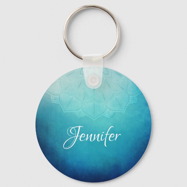 Pretty Blue Mandala Abstract Key Ring (Front)