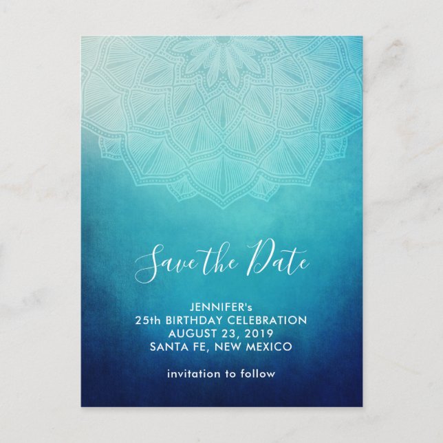 Pretty Blue Mandala Abstract  Save the Date Postcard (Front)