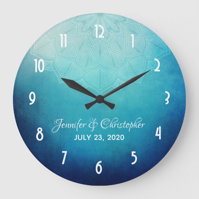 Pretty Blue Mandala Abstract Wedding Large Clock (Front)