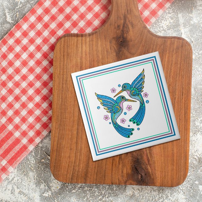 Pretty Blue Mosaic Hummingbirds Tile (Creator Uploaded)
