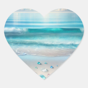 Pretty Blue Ocean Waves and Sea Glass  Heart Sticker