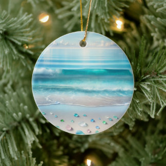 Pretty Blue Ocean Waves and Sea Glass Personalised Ceramic Tree Decoration