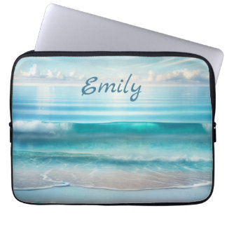 Pretty Blue Ocean Waves and Sea Glass Personalised Laptop Sleeve