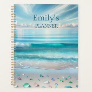 Pretty Blue Ocean Waves and Sea Glass Personalised Planner