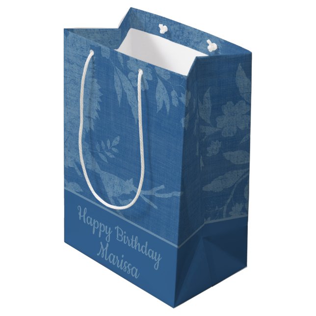 Pretty Blue on Blue Floral Background Medium Gift Bag (Back Angled)