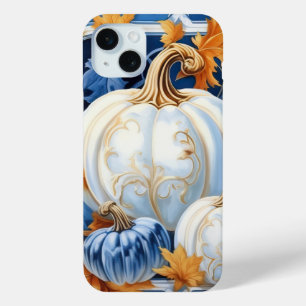 PRETTY BLUE ORANGE WHITE FALL AUTUMN PUMPKINS iPhone 15 MINI CASE