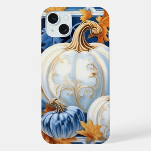 PRETTY BLUE ORANGE WHITE FALL AUTUMN PUMPKINS iPhone 15 PLUS CASE