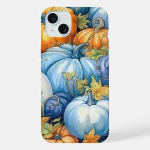 PRETTY BLUE ORANGE WHITE FALL AUTUMN PUMPKINS iPhone 15 PLUS CASE
