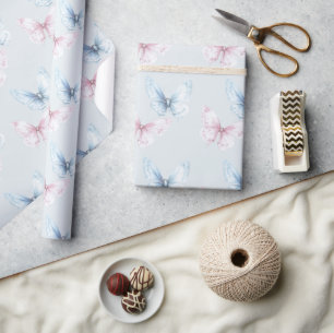 Pretty Blue Pink Butterflies Birthday Wrapping Paper