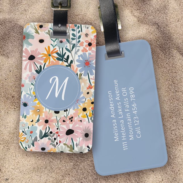 Pretty Blue Pink Floral Monogram Luggage Tag (Creator Uploaded)