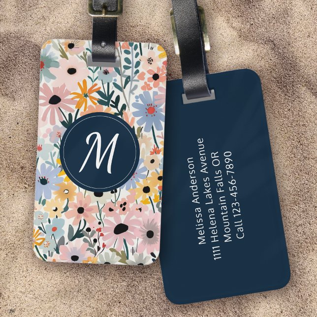 Pretty Blue Pink Floral Monogram Luggage Tag (Creator Uploaded)