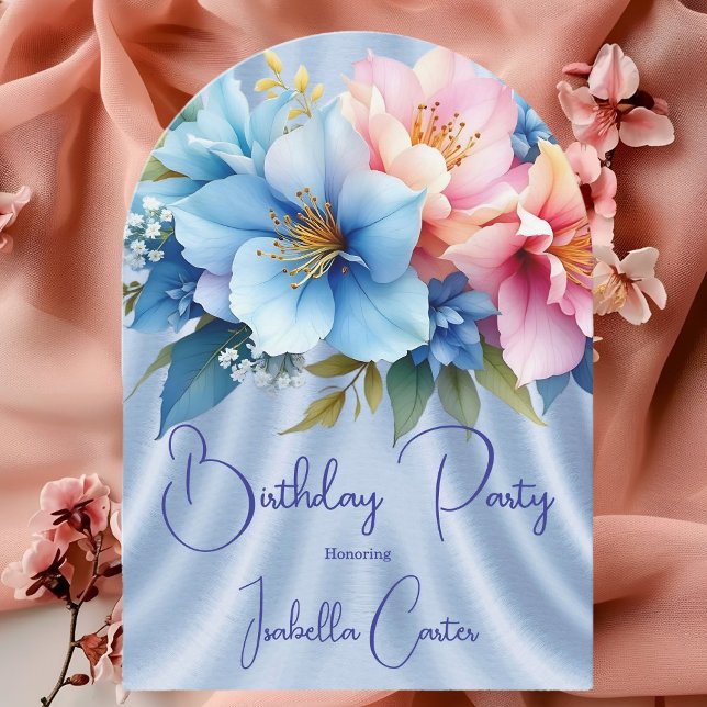 Pretty Blue Pink Flowers Birthday Party Invitation (Creator Uploaded)