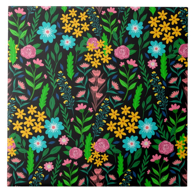 Pretty Blue Pink Garden Flowers Black Design Tile (Front)