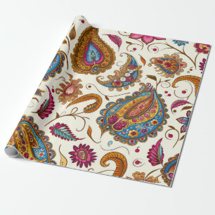 Pretty Blue Pink Tan Mix Floral Paisley Pattern Wrapping Paper