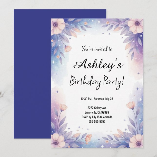 Pretty Blue & Purple Girl's Flower Birthday Party Invitation (Front/Back)