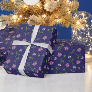 Pretty Blue Purple Pink Roses Rosebud Floral Print Wrapping Paper