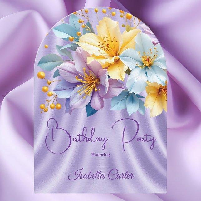 Pretty Blue Purple Yellow Flowers Birthday Party Invitation (Creator Uploaded)