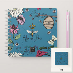 Pretty Blue Queen Bee & Crown Floral Monogram Notebook