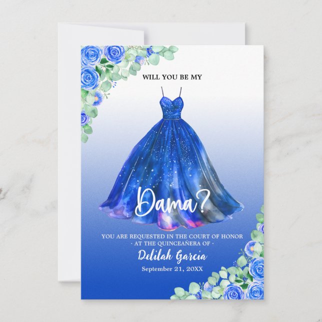 Pretty Blue Quinceañera Dama Proposal Invitation (Front)
