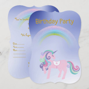 Pretty Blue Rainbow Unicorn birthday Gold Invitation
