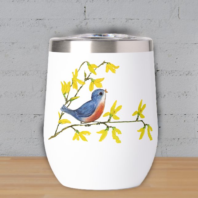 Pretty Blue Red Bird on Branch Yellow Flowers (Cute little red and blue bird on branch with bright yellow flowers on drink thermal tumbler.)