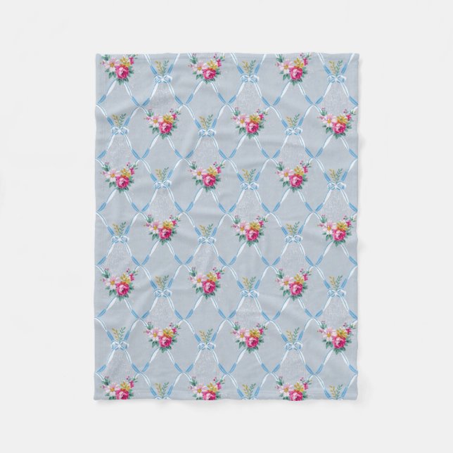 Pretty Blue Ribbons Rose Floral Vintage Wallpaper Fleece Blanket (Front)