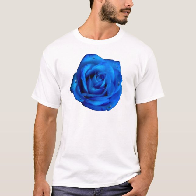 Pretty Blue Rose Blossom Raindrop Flower T-Shirt (Front)