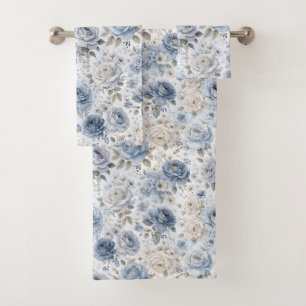 Pretty Blue Rose Floral Watercolor Bath Towel Set
