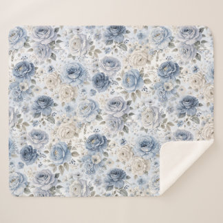 Pretty Blue Rose Floral Watercolor Sherpa Blanket