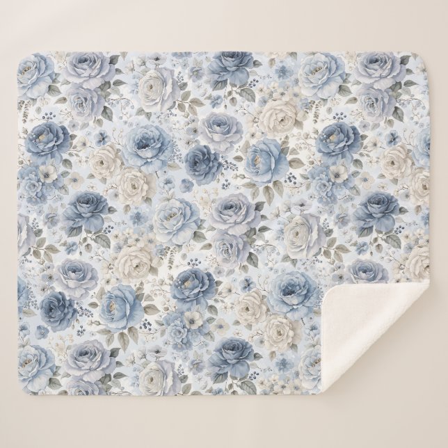 Pretty Blue Rose Floral Watercolor  Sherpa Blanket (Front (Horizontal))