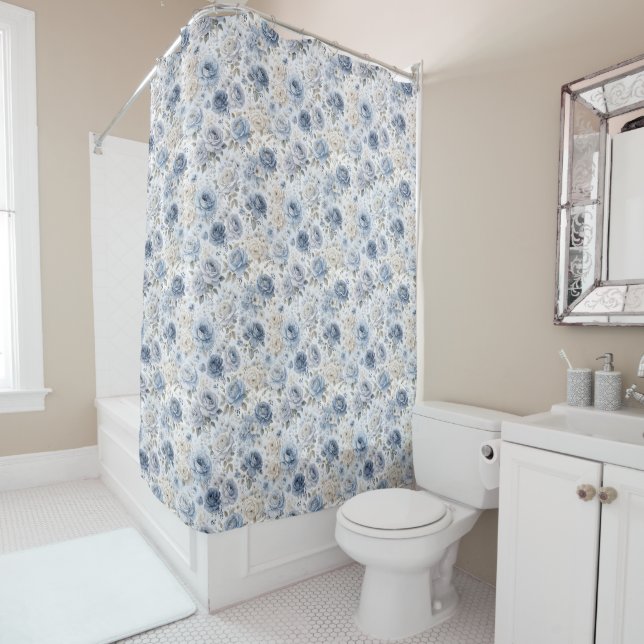 Pretty Blue Rose Floral Watercolor  Shower Curtain (In Situ)