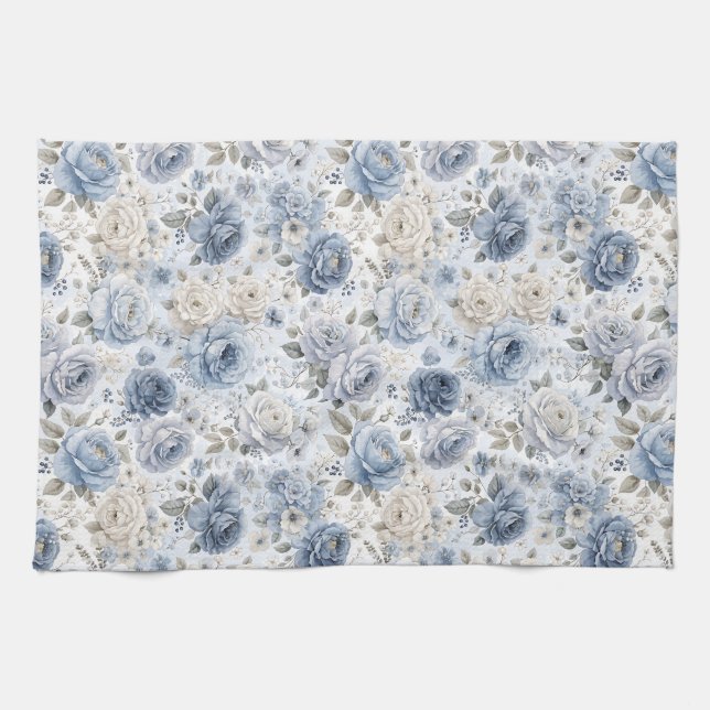 Pretty Blue Rose Floral Watercolor  Tea Towel (Horizontal)