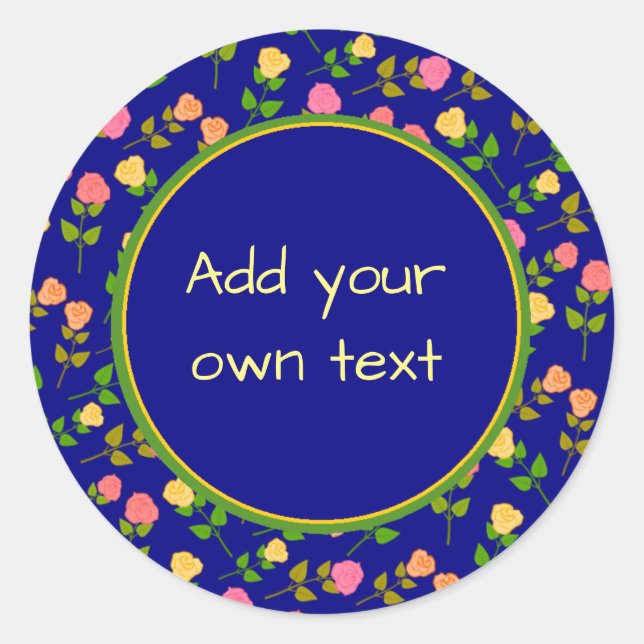 Pretty Blue Rose Pattern Custom Text Classic Round Sticker (Front)