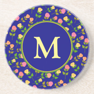 Pretty Blue Rose Pattern Monogram Coaster