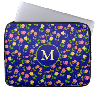 Pretty Blue Rose Pattern Monogram Laptop Sleeve