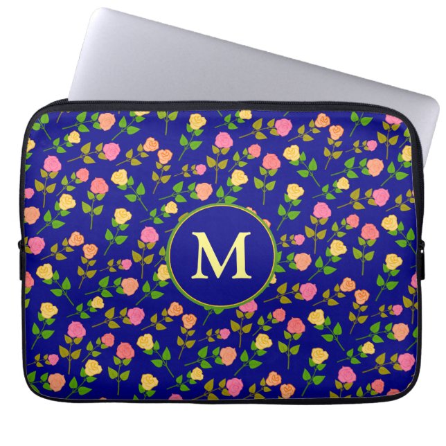 Pretty Blue Rose Pattern Monogram Laptop Sleeve (Front)