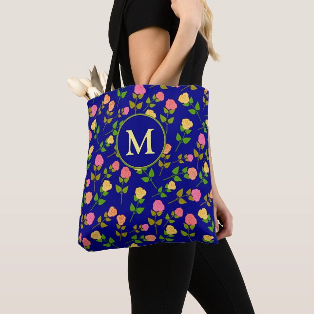Pretty Blue Rose Pattern Monogram Tote Bag (Close Up)