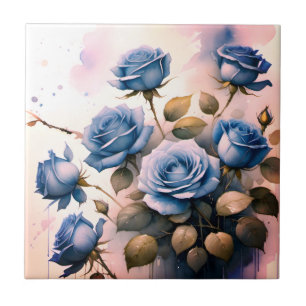 Pretty Blue Roses on pink watercolor painting Tile
