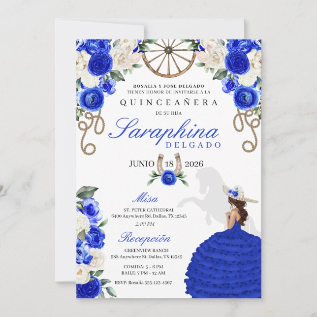 Pretty Blue Roses Western Cowgirl Quinceañera Invitation (Front)