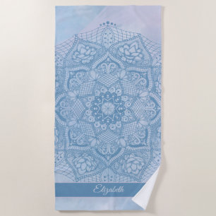 Pretty Blue Sacred Lotus Flower Blossom Mandala Beach Towel