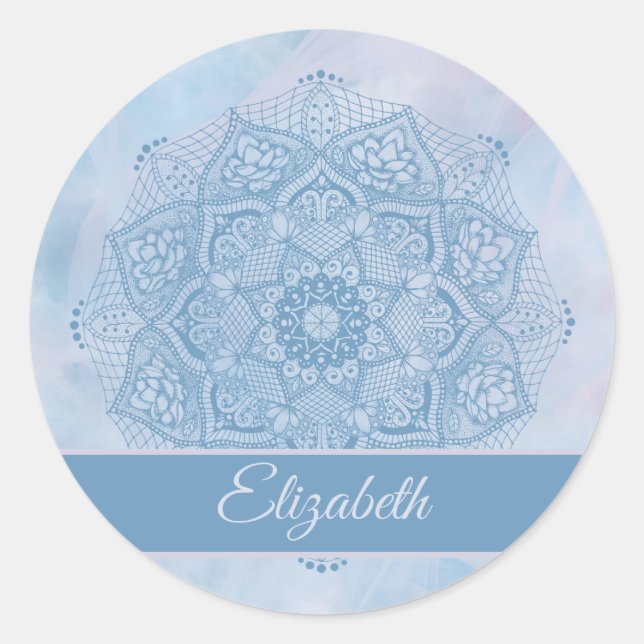 Pretty Blue Sacred Lotus Flower Blossom Mandala   Classic Round Sticker (Front)