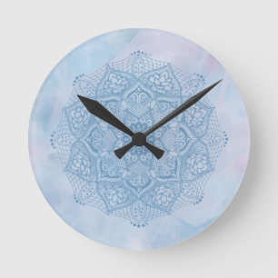 Pretty Blue Sacred Lotus Flower Blossom Mandala    Round Clock