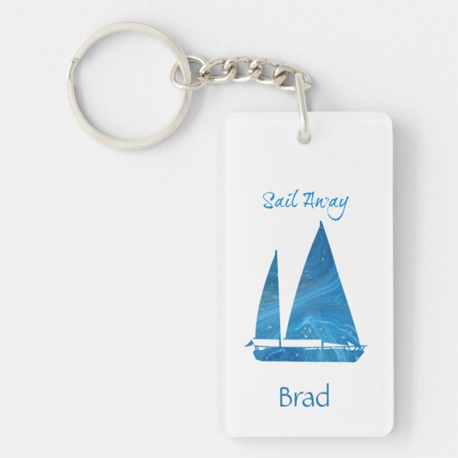 Pretty Blue Sailboat Nautical Key Ring (Front)