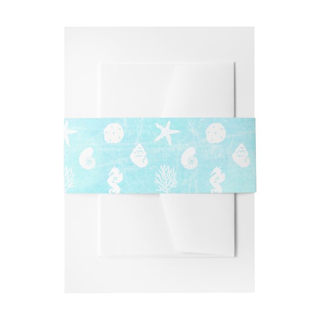 Pretty Blue Seaside Seashell Wedding Invitation Belly Band (Front Example)