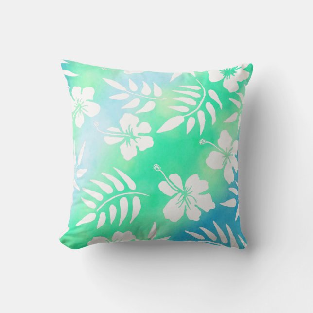 Pretty Blue, Teal and White Aloha Hawaiian Style Cushion (Front)
