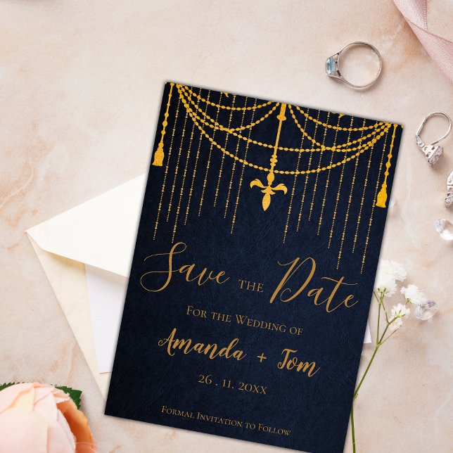 Pretty Blue Traditional Gold Twirls Luxury Wedding Save The Date (Pretty Blue Traditional Gold Twirls Luxury Wedding Save The Date)