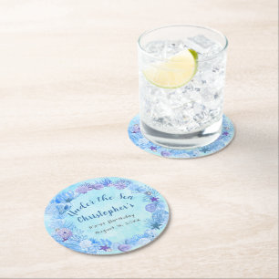 Pretty Blue Under The Sea Boy's Birthday  Round Paper Coaster